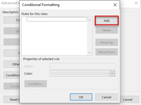 Screenshot that shows the Add button highlighted in the Conditional Formatting dialog box.