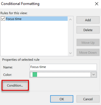 Screenshot that shows Name, Color, and Condition highlighted in the Conditional Formatting dialog box.