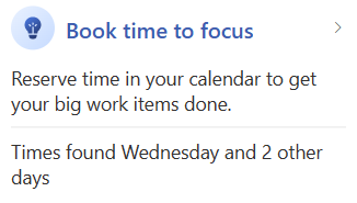 Screenshot that shows the Book time to focus card in the Outlook add-in.