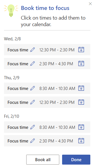 Screenshot that shows the Book time to focus add-in pane.