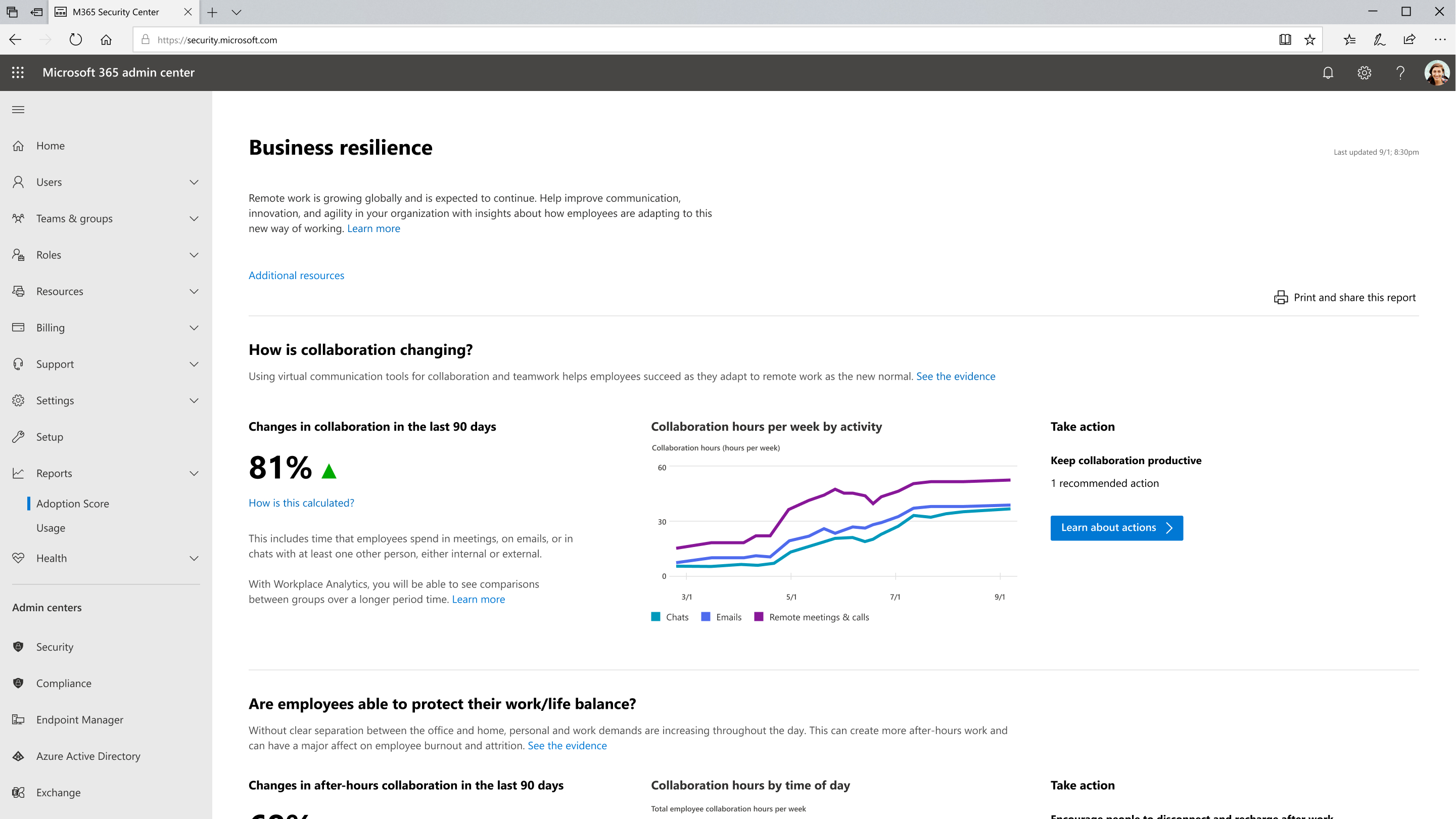 Screenshot that shows the Business resilience option within Adoption Score.