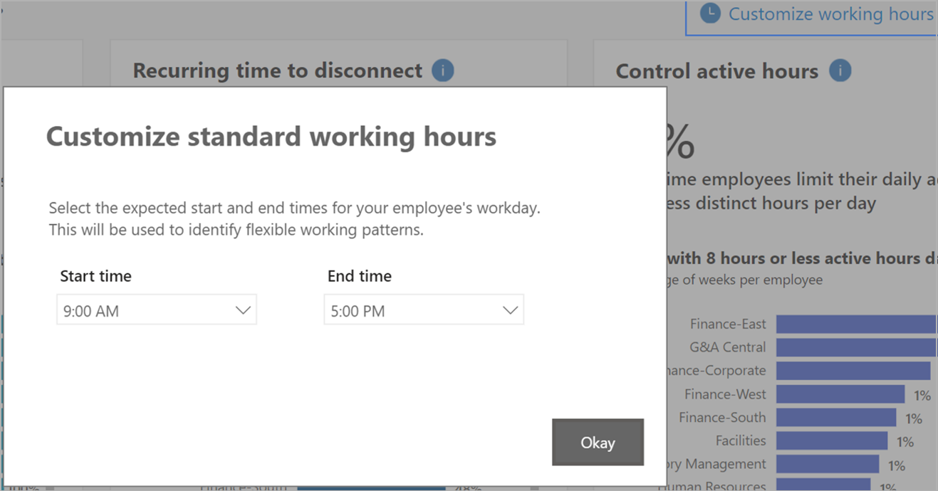Power BI Wellbeing customize working hours option.