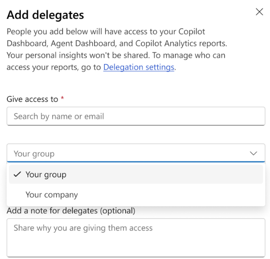 Screenshot showing how to assign the scope of insights for delegates.