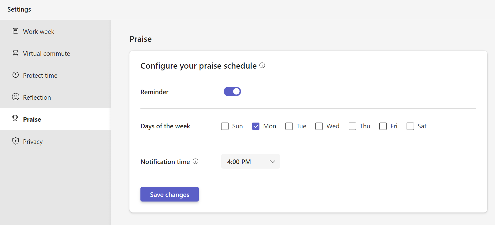 Screenshot that shows Praise reminder settings on the Settings page.