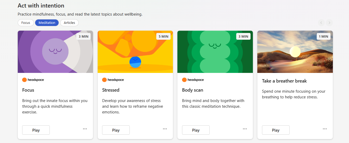 Screenshot that shows the Act with intention, Meditation section with four guided meditation videos users can play.