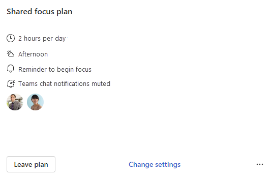 Screenshot that shows the Shared focus plan card on the Wellbeing tab.