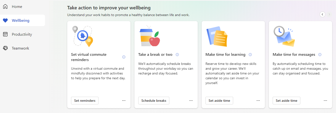 Screenshot that shows four action cards within the Take action to improve your wellbeing section.