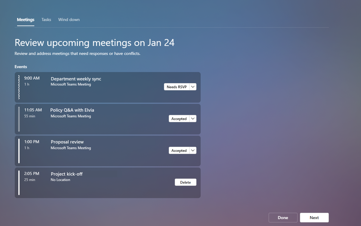 Screenshot that shows the Meetings tab of virtual commute.