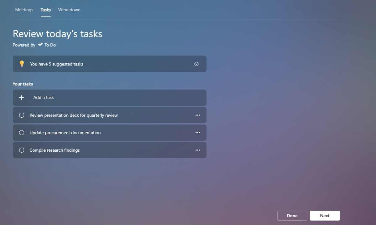 Screenshot that shows the Tasks tab in the virtual commute experience.