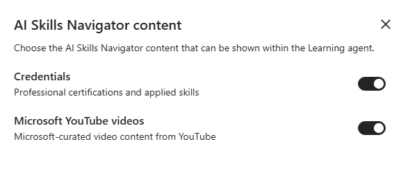 The AI Skills Navigator content panel with toggles for Credentials and Microsoft YouTube videos.