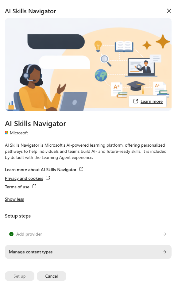 The AI Skills Navigator side panel with the provider description and Setup steps section, including Add provider and Manage content types.