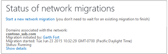 Screenshot showing the Status of network migrations; Viva Engage network migration is running.