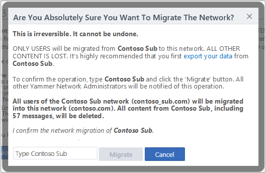 Screenshot of dialog box to Confirm that you want to migrate a Viva Engage network.
