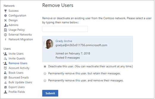 Screenshot showing how to deactivate a user in Viva Engage.