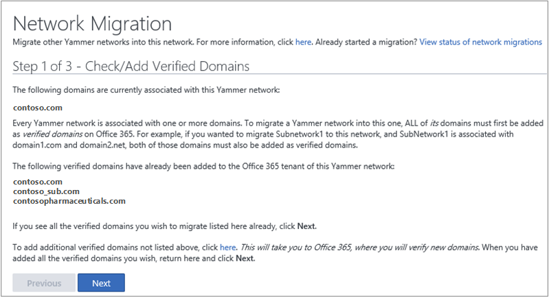 Screenshot of Step 1 of 3 - Check/Add Verified Domains before migrating a Viva Engage network.