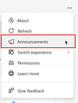 Screenshot showing a dropdown menu with announcements highlighted.