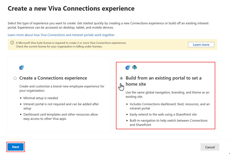 Screenshot of selecting to build a Connections experience from an existing intranet portal.