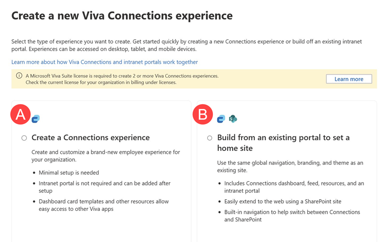 Screenshot showing options for creating a Viva Connections experience.