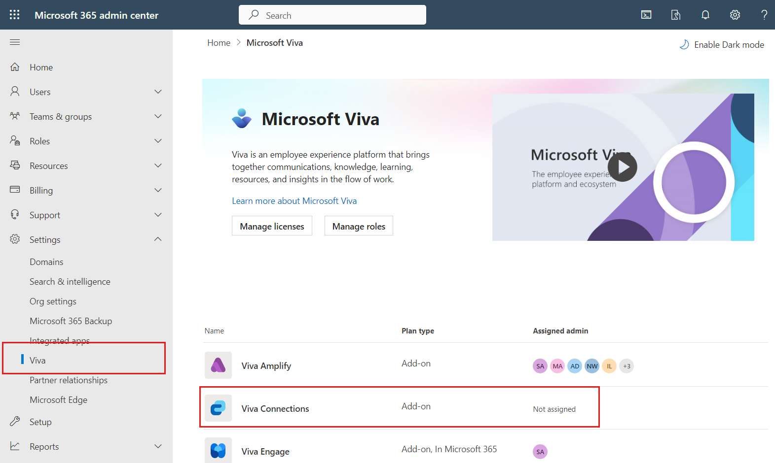 Screenshot showing how to navigate to the Microsoft Viva admin center.
