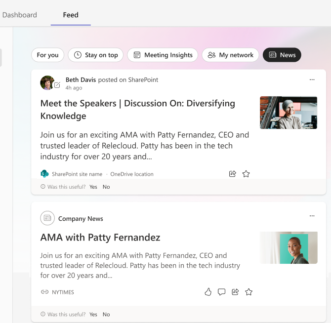 Screenshot showing off content available from within the feed tab.
