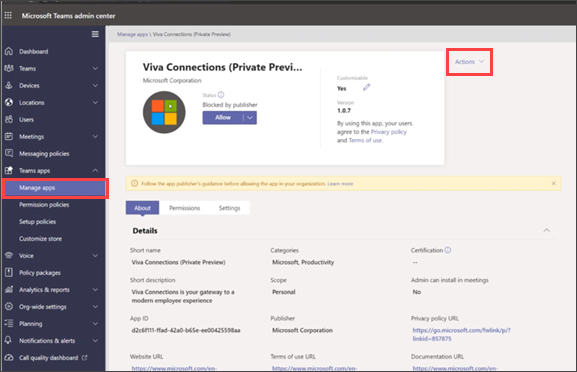 Image of Viva Connections app in the Teams admin center.