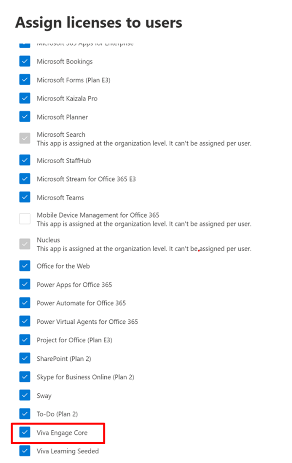 Screen shots show the assign licenses section of the Microsoft 365 admin center with Viva Engage Enterprise license available to assign.