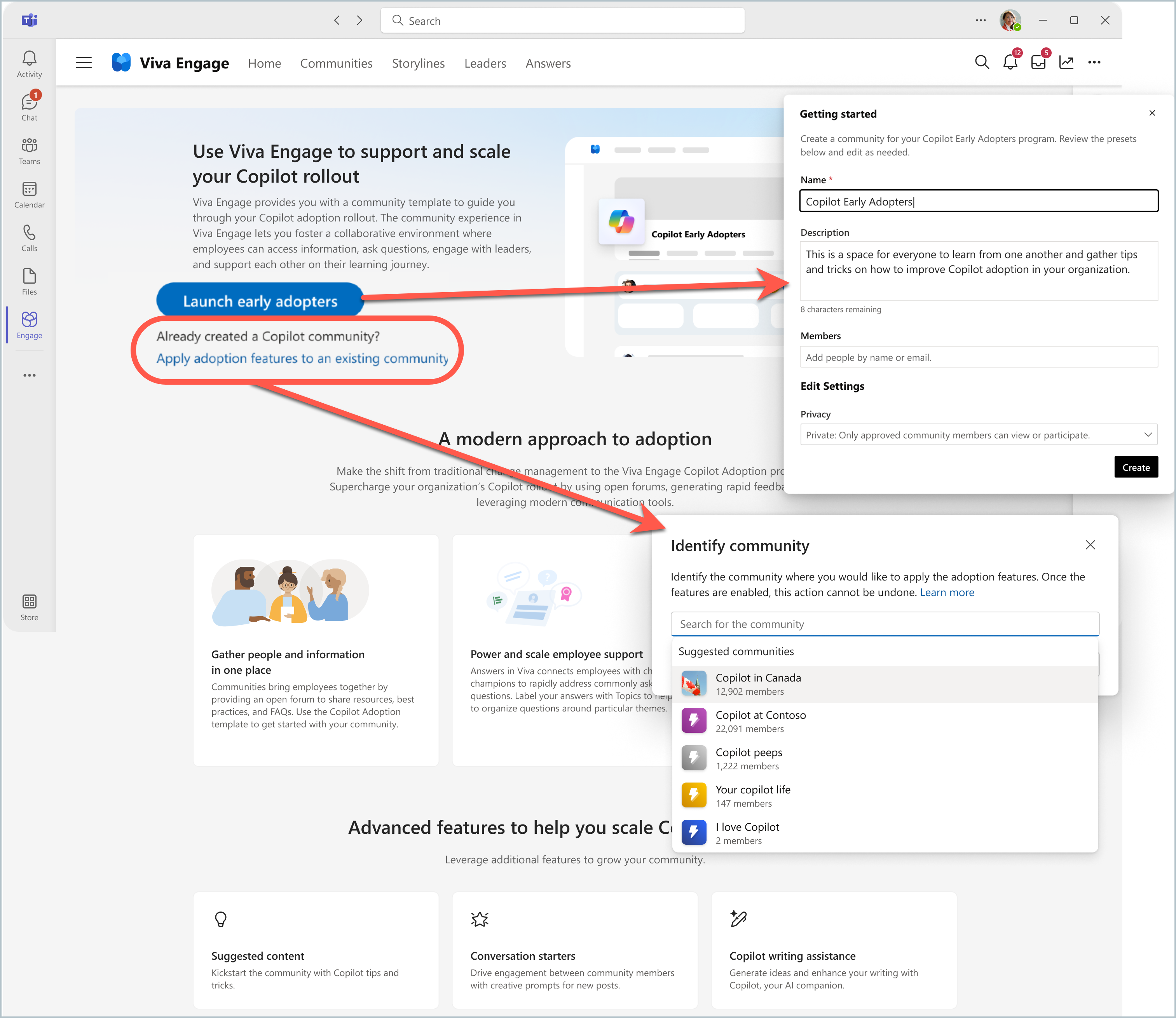 Screenshot shows the landing page where you can create a Microsoft 365 Copilot adoption community or bring Copilot adoption features to an existing community.