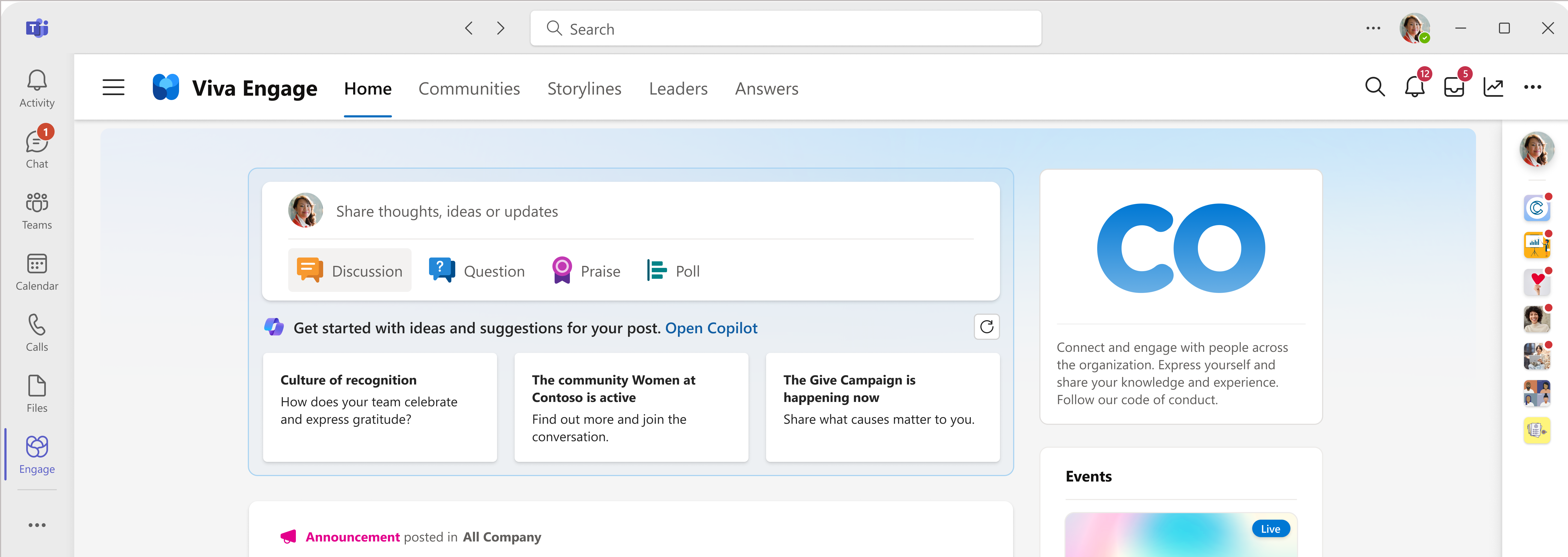 Screenshot shows the Open Copilot link on the Viva Engage Home page.