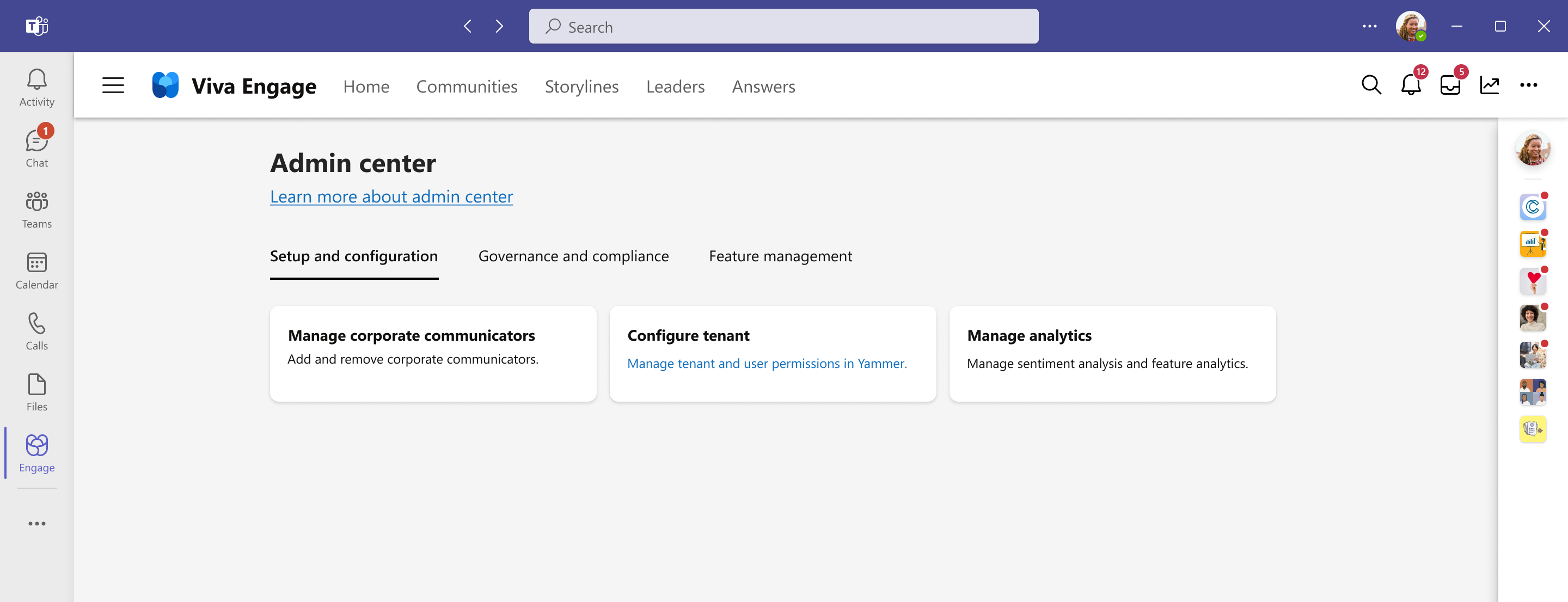 Screenshot of the Viva Engage admin center experience for admins.