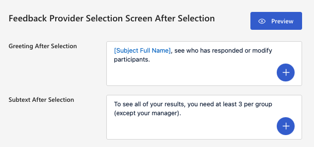 Screenshot of the text content for subjects after the selection of feedback providers.