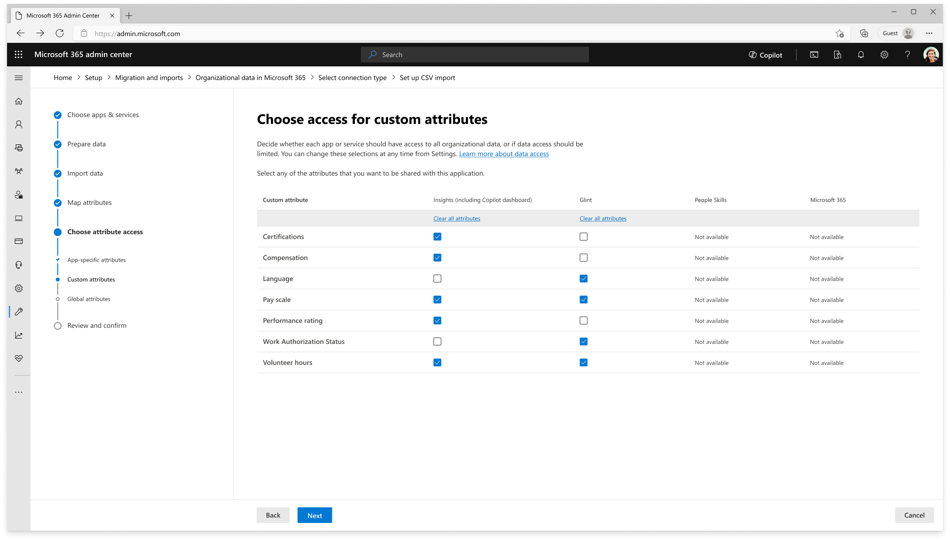 Choose access for custom attributes page showing custom attribute access options