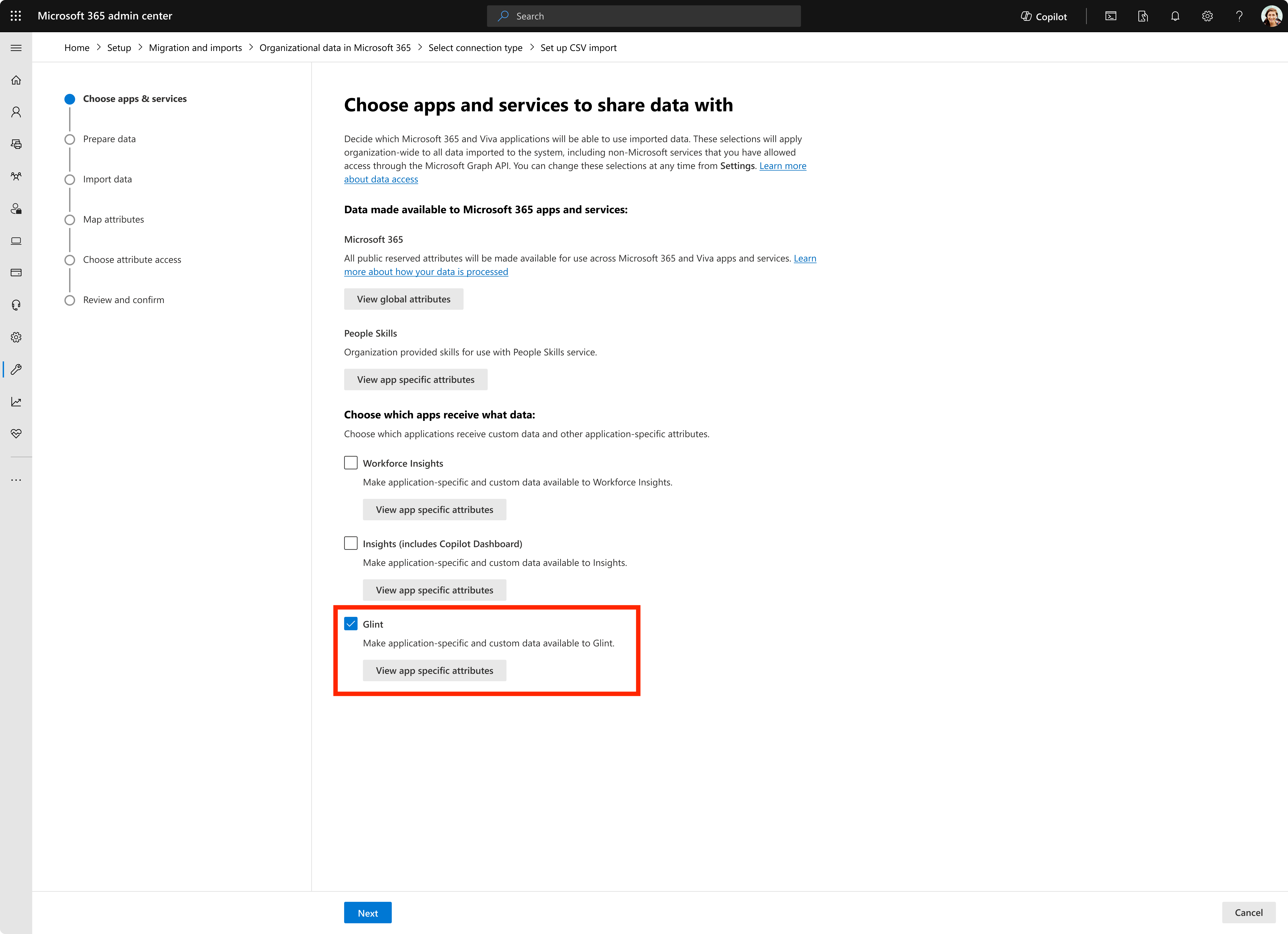 Choose apps and services page with Viva Glint checkbox highlighted