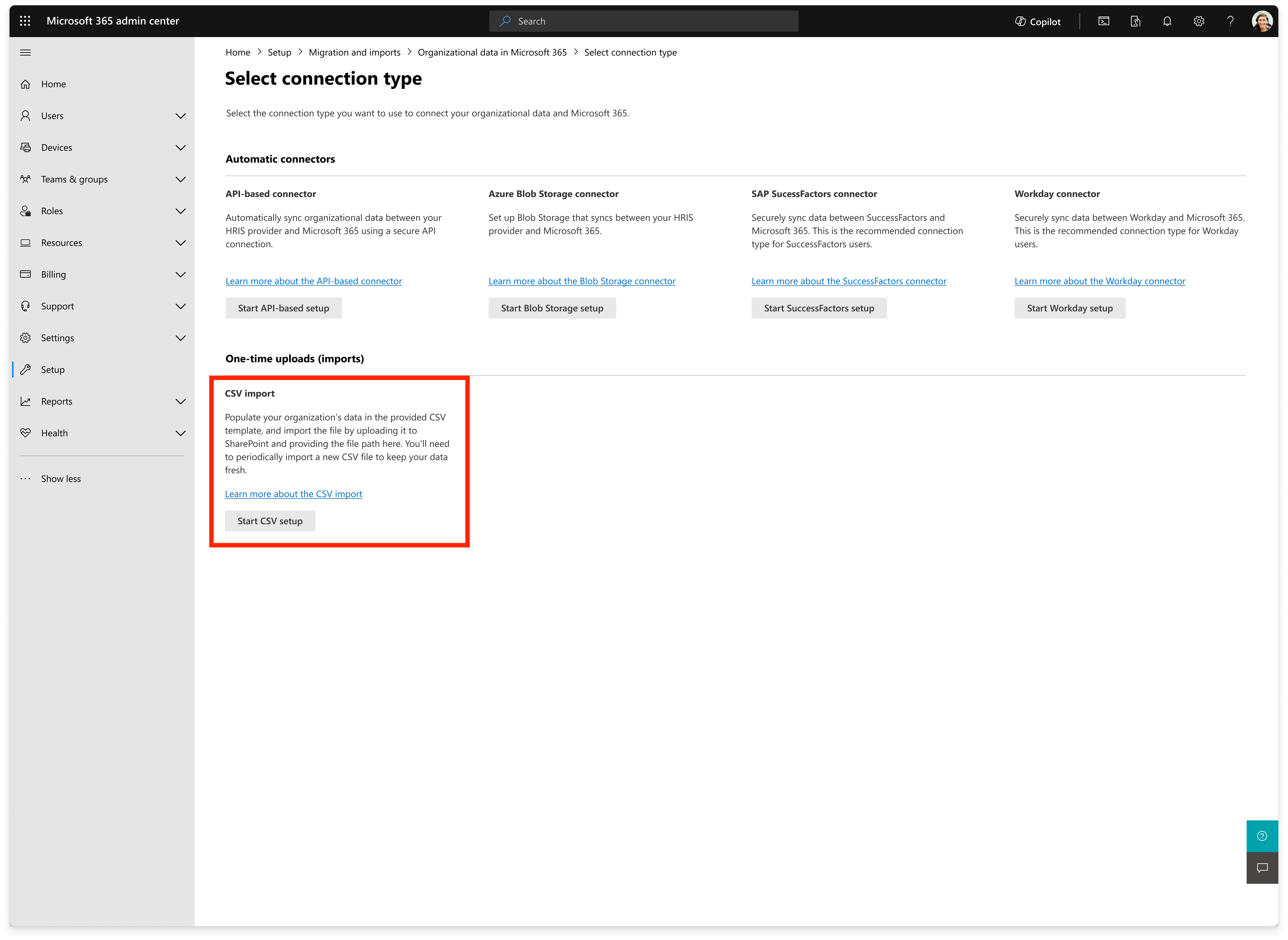 Select connection type page with CSV import highlighted