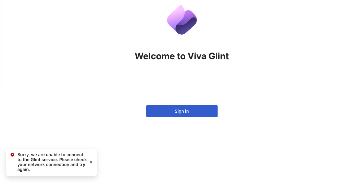 Screenshot of a Viva Glint error message for a connection issue.