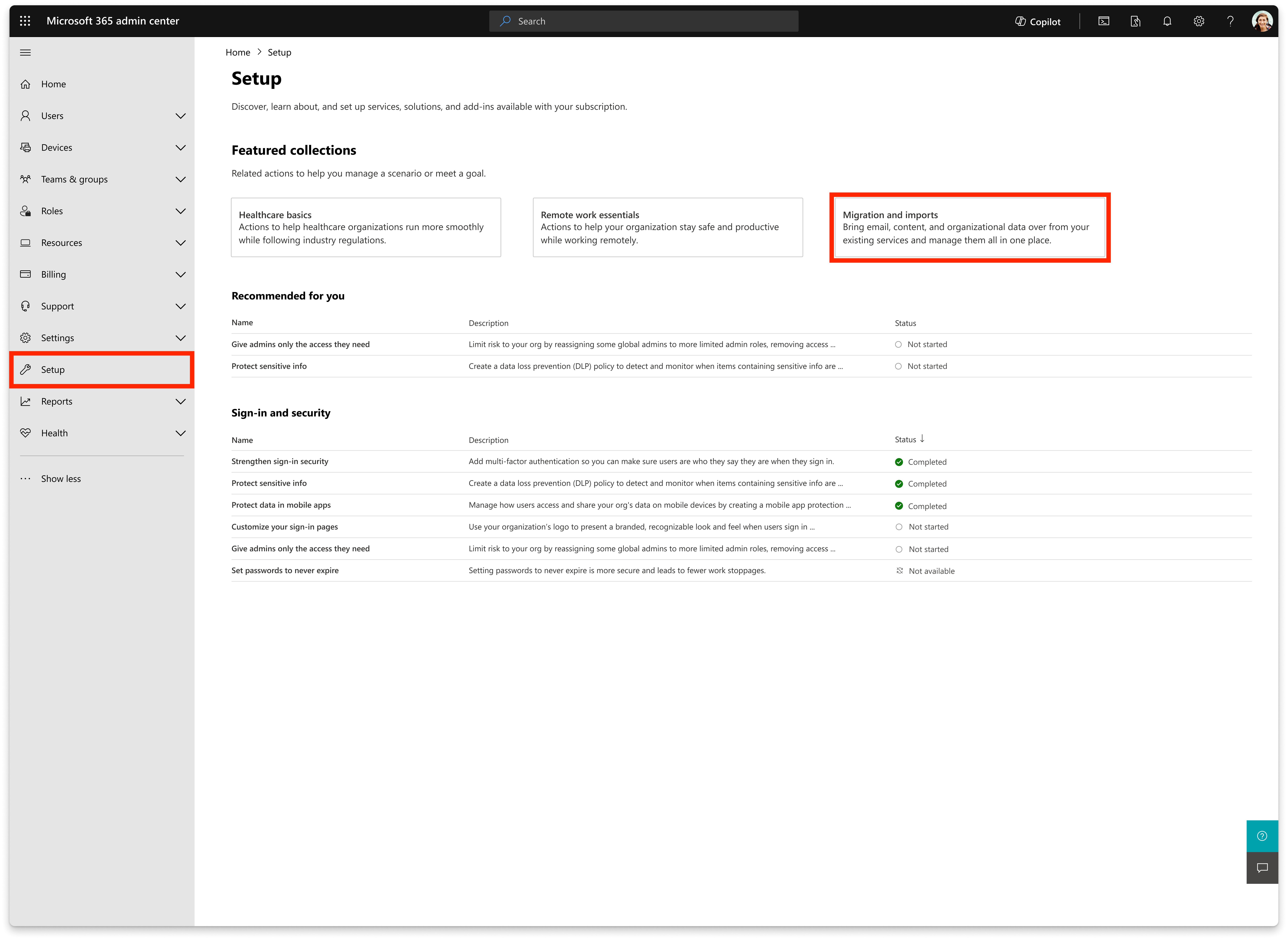 Microsoft 365 admin center Setup page with Migration and imports highlighted