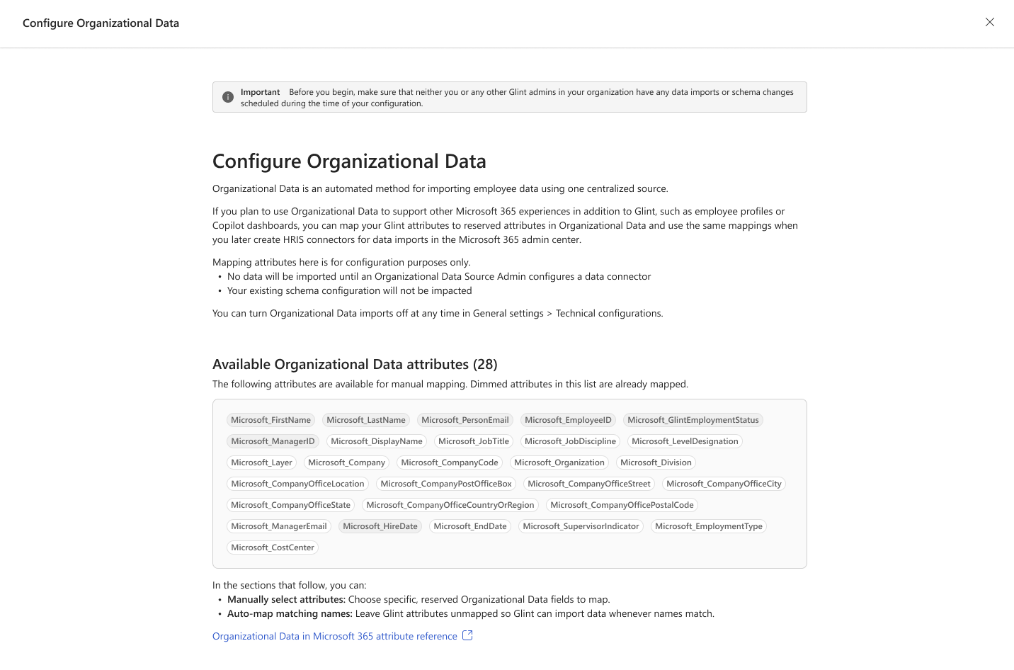 Screenshot of configure org data.