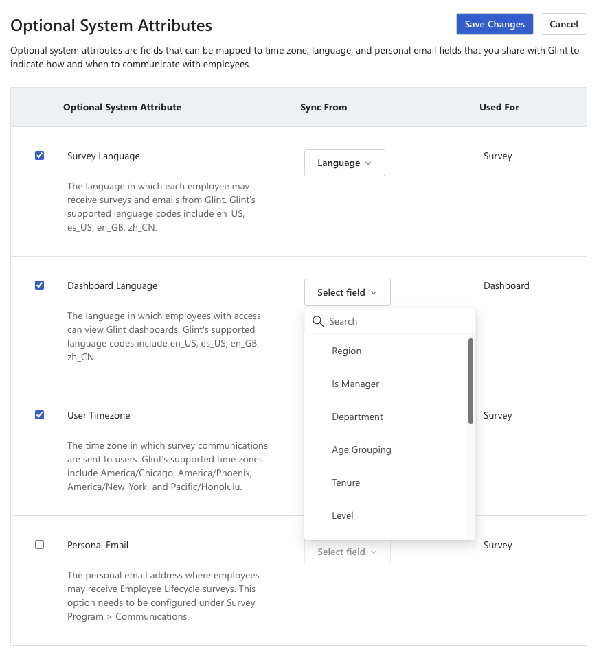 Screenshot of the Optional System Attributes section after selecting the Manage Optional System Attributes button.