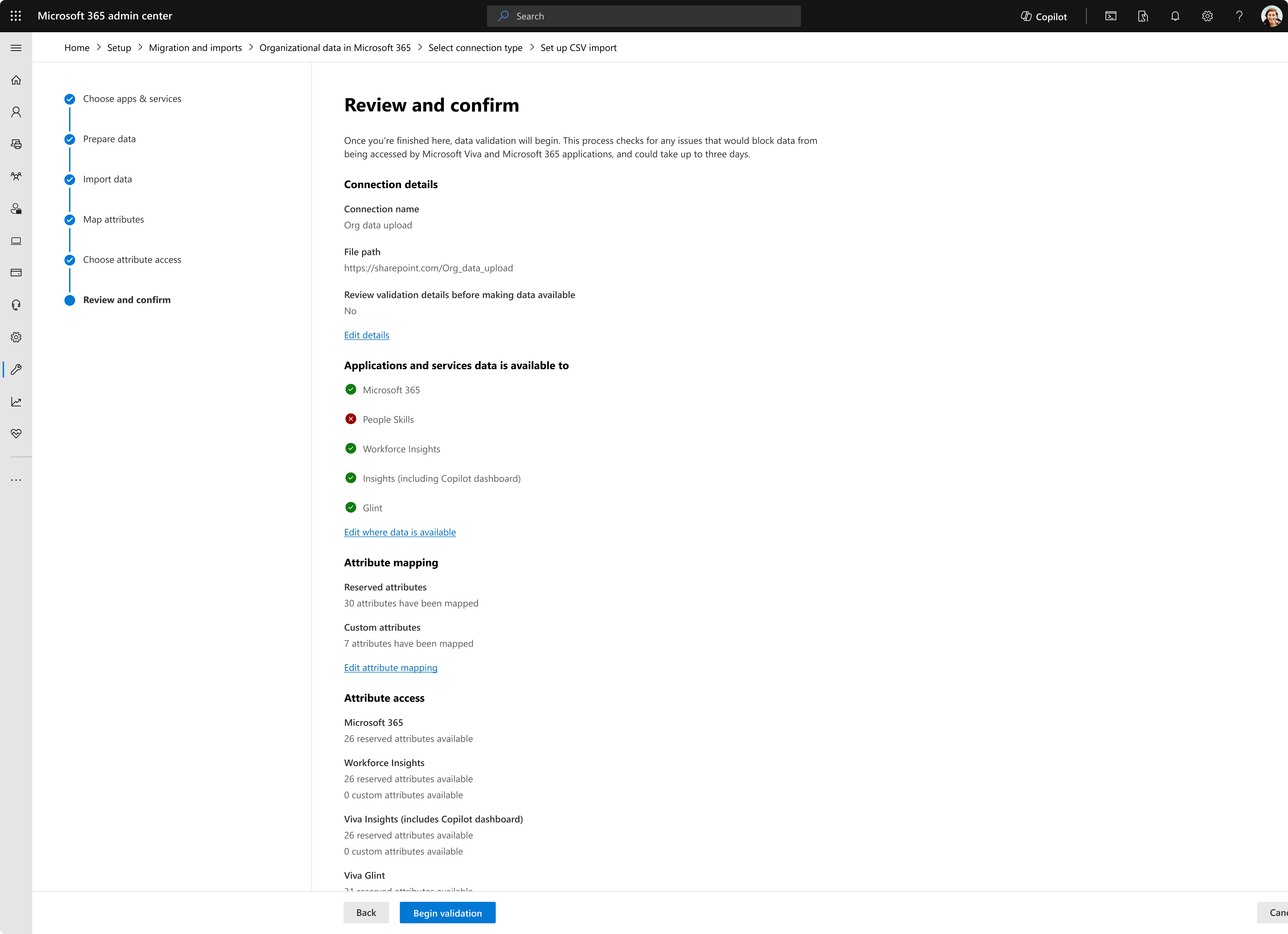 Review and confirm page showing connection and attribute mapping summary