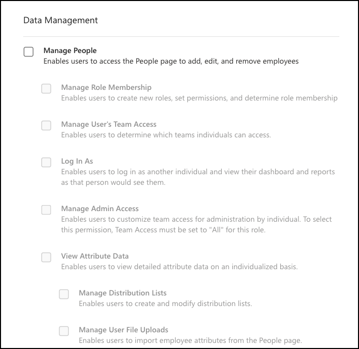Screenshot of the Data Management section in Permissions and Access.