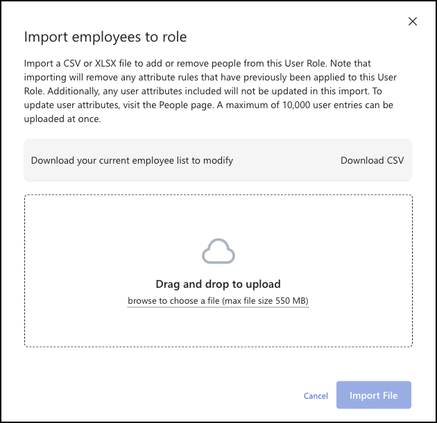 Screenshot of the Import Employees to Role dialog box in Role Settings.