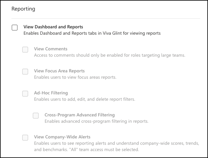 Screenshot of the Reporting section in Permissions and Access.