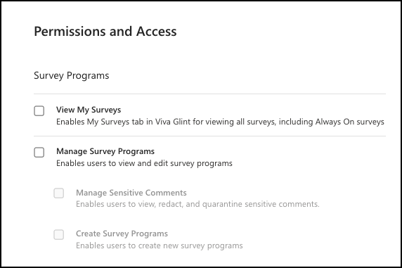 Screenshot of the Survey Programs Access section in Permissions and Access.