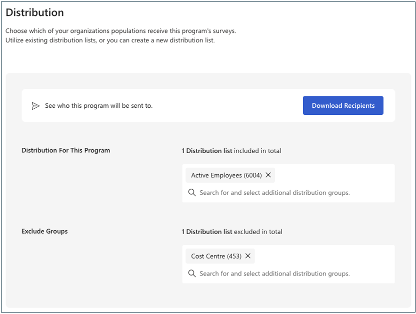 Screenshot of a survey distribution setup with included and excluded employee groups.