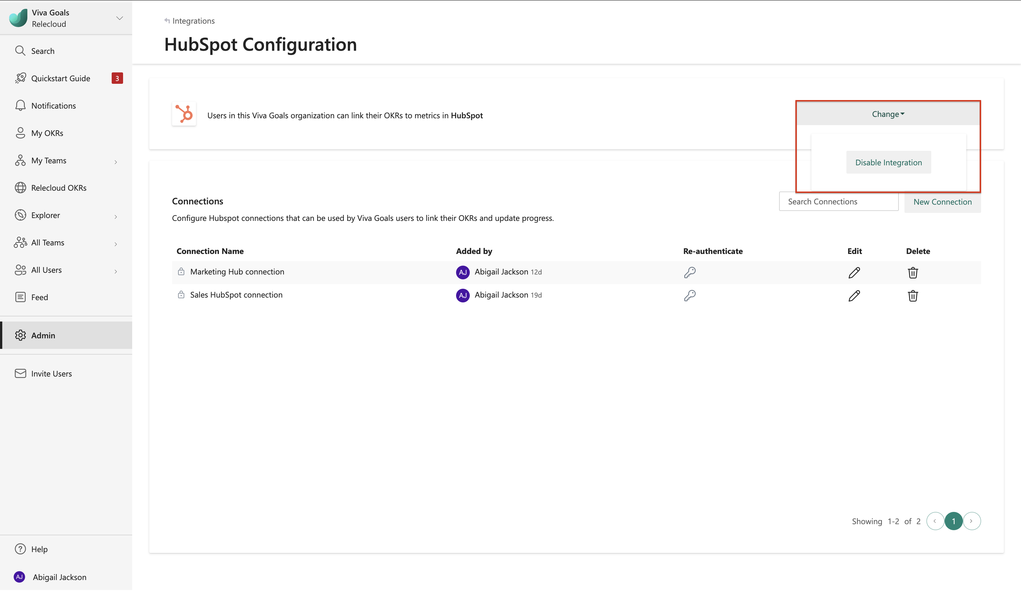 Screenshot shows where you disable integration for Hubspot.