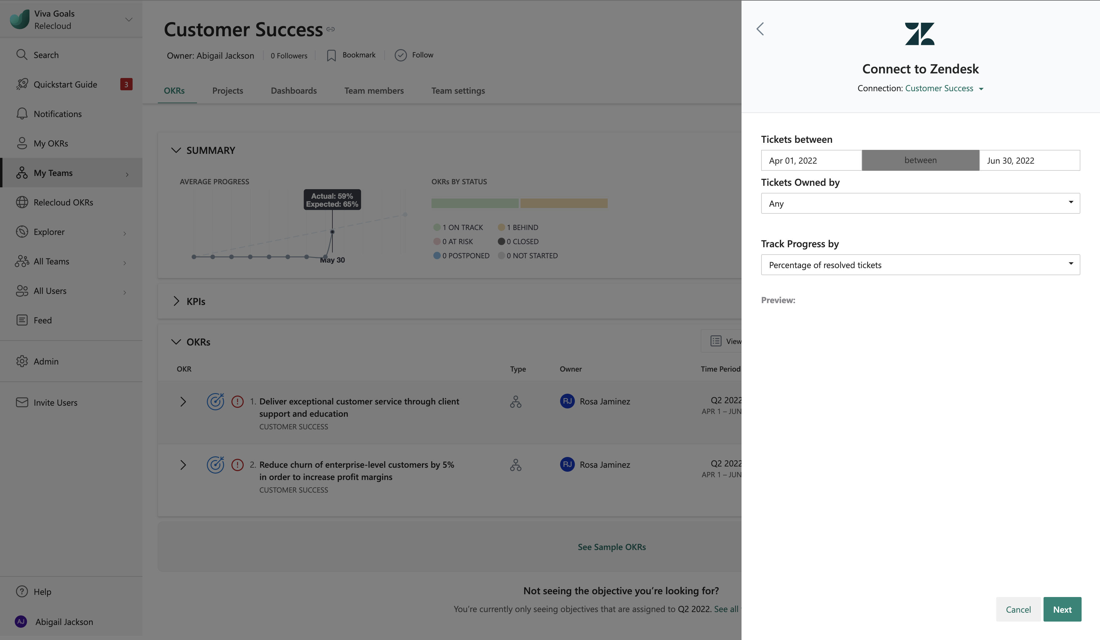 Screenshot shows where you specify progress tracking details in Zendesk.
