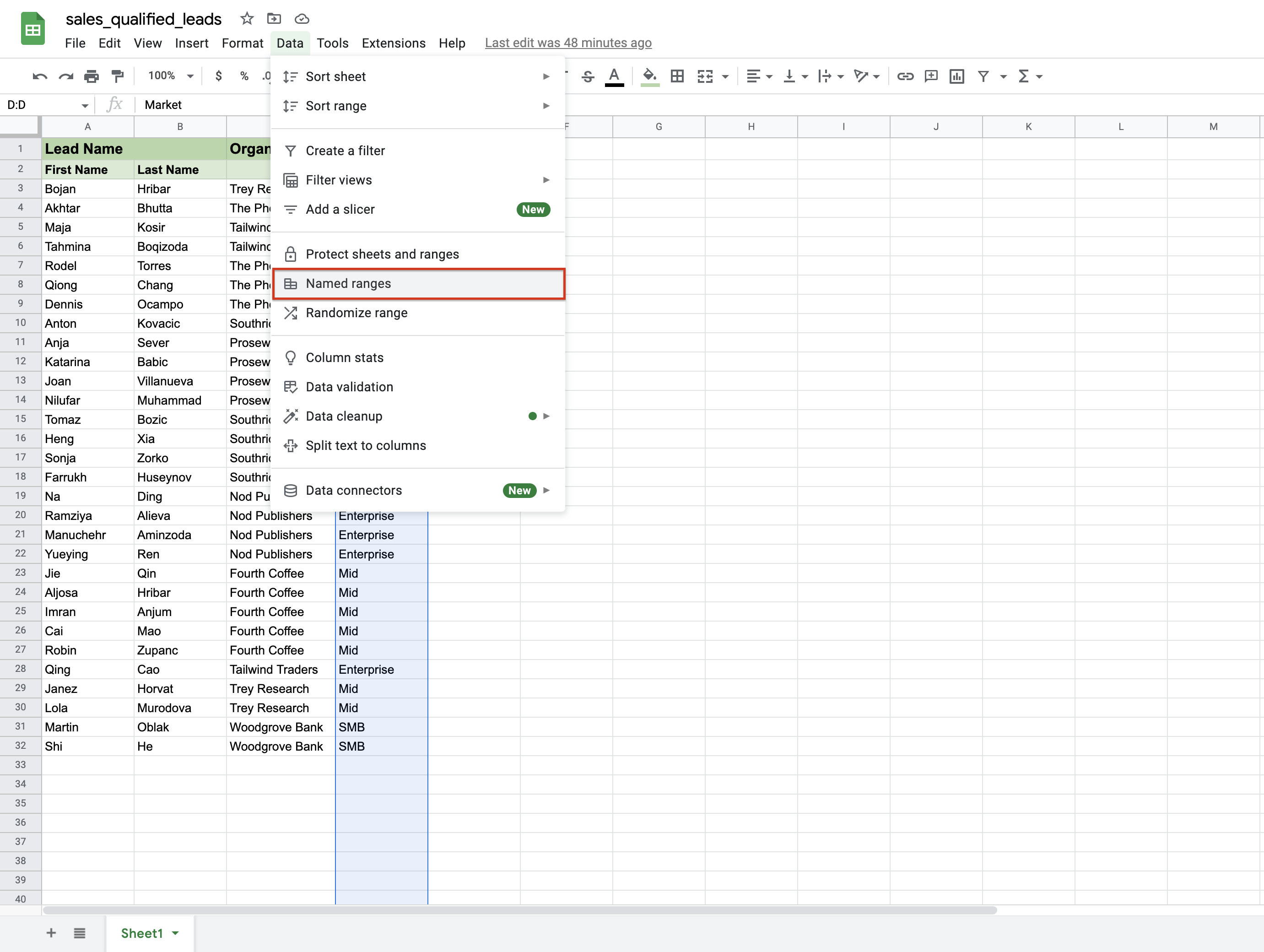 Screenshot shows where you select a Named Range under Data in Google Sheets.
