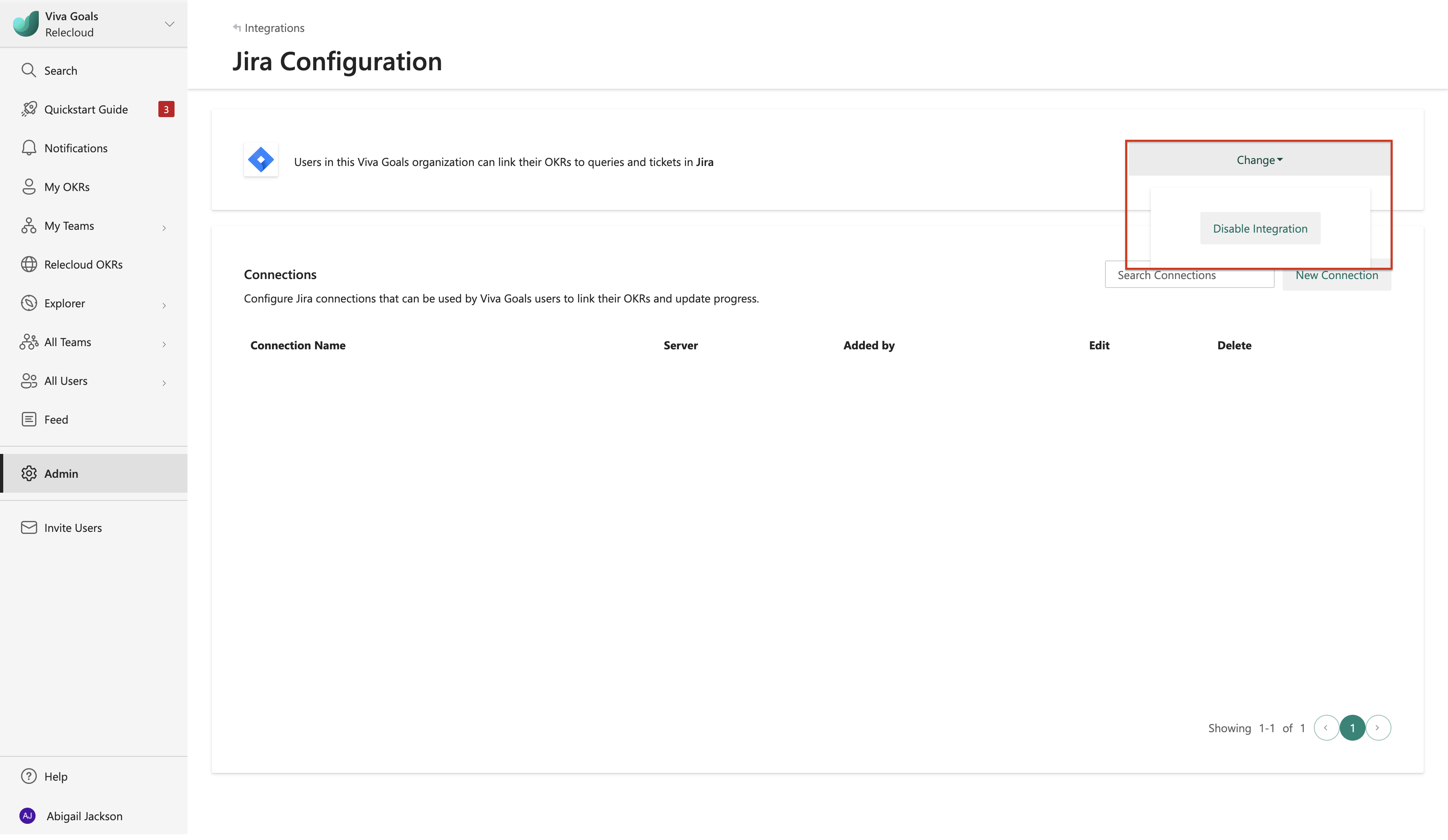 Screenshot shows how to disable Jira in Viva Goals.