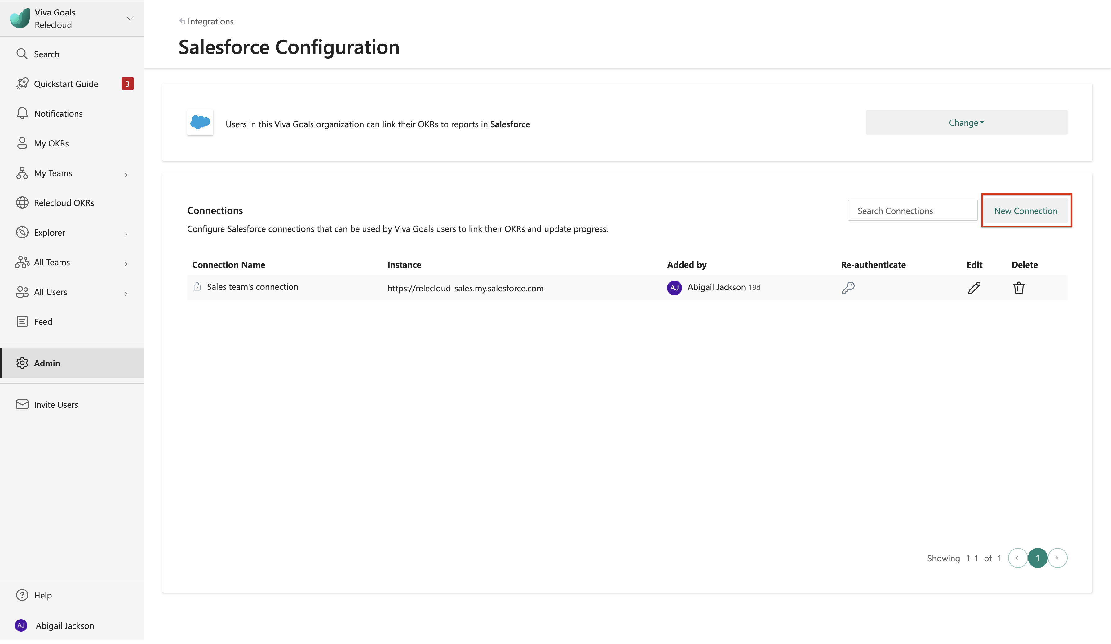Screenshot shows where you select New Connection for Salesforce in Viva Goals.