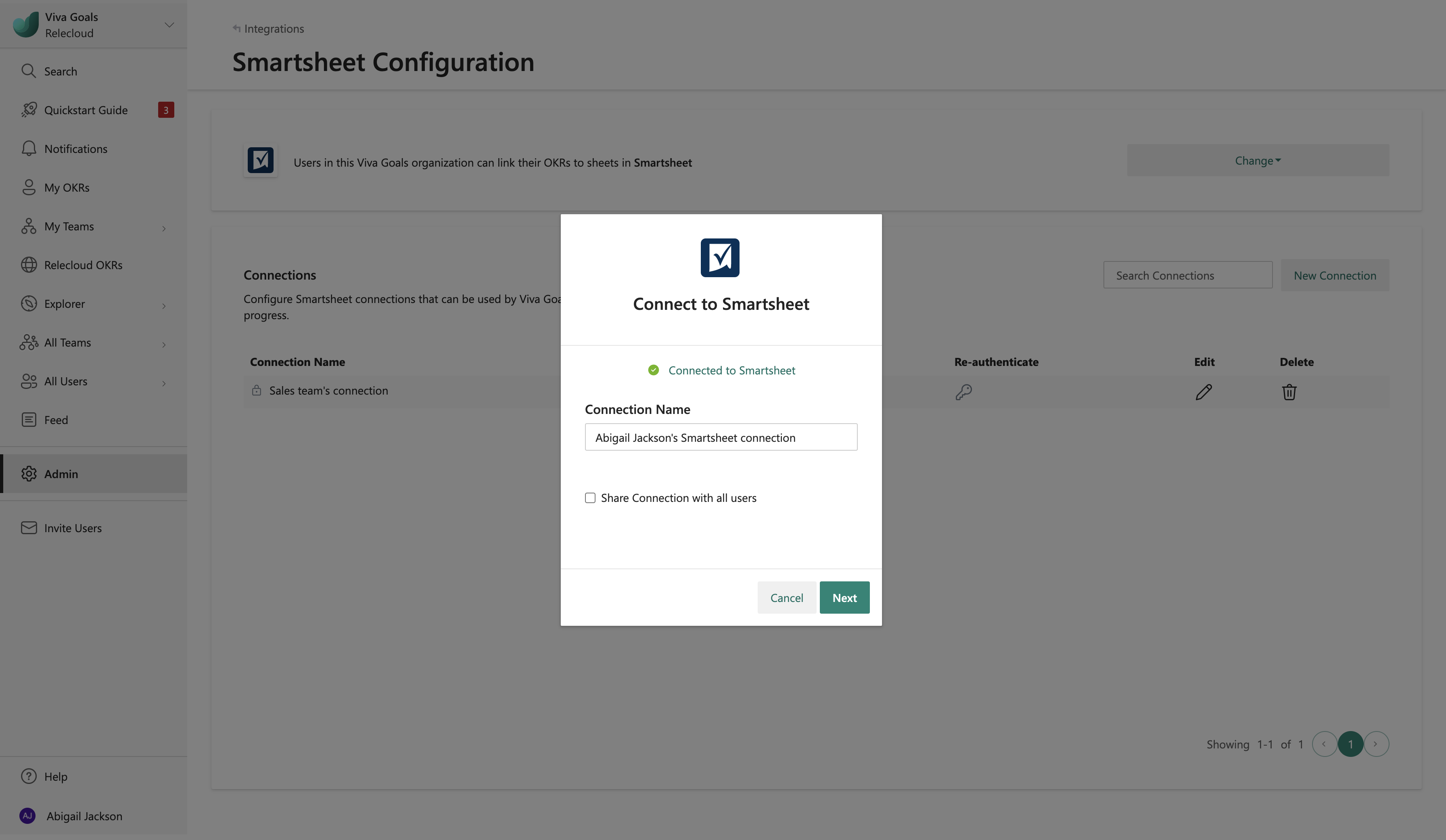 Screenshot shows where you name your new Smartsheet connection.