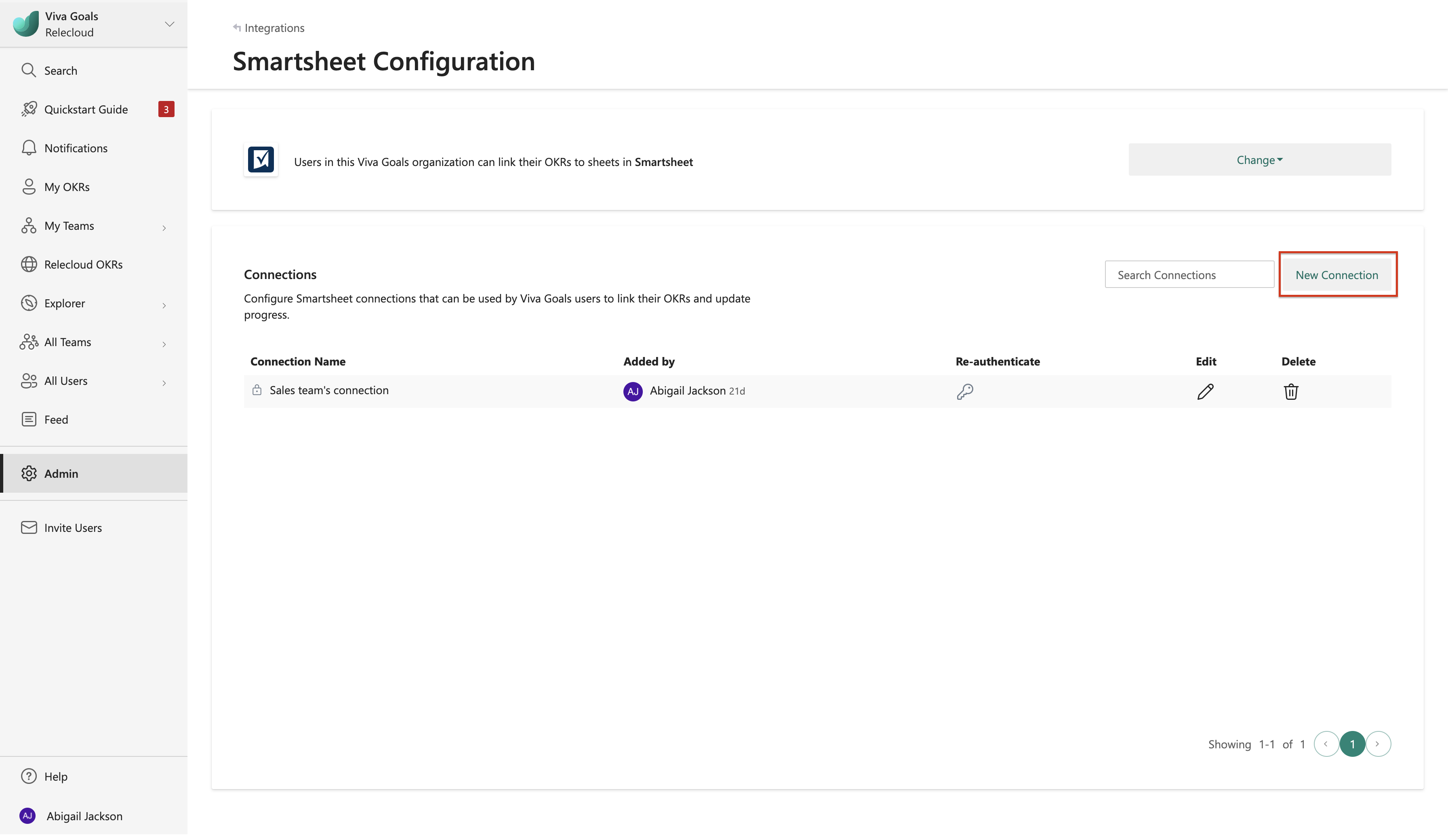 Screenshot shows where you opt to add a new Smartsheet connection in Viva Goals.